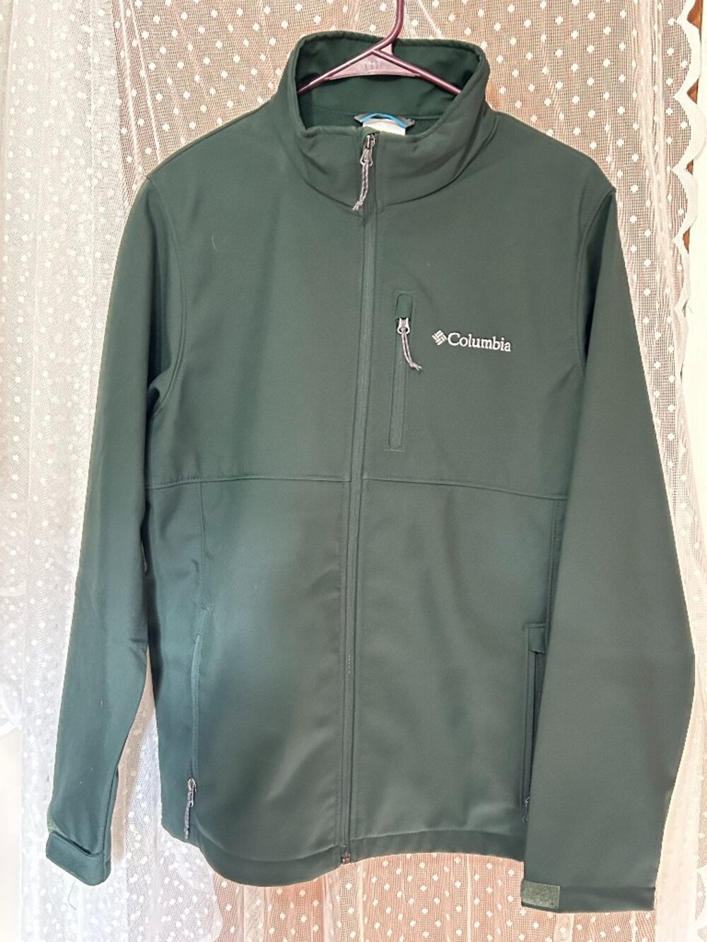 Columbia Softshell Jacket Men's Medium Green Fleece Lined Full Zip Windbreaker